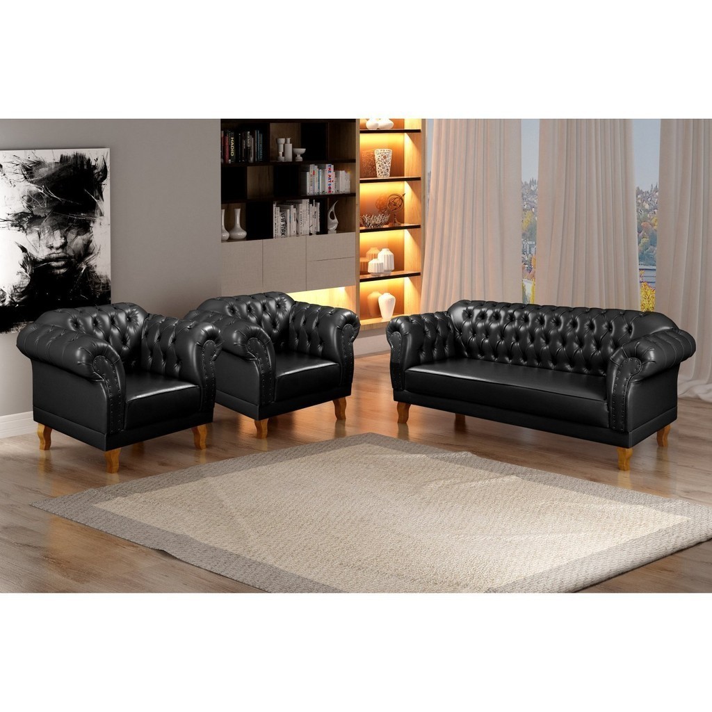 Conjunto Sofá e Poltronas Chesterfield Duque Yescasa Preto