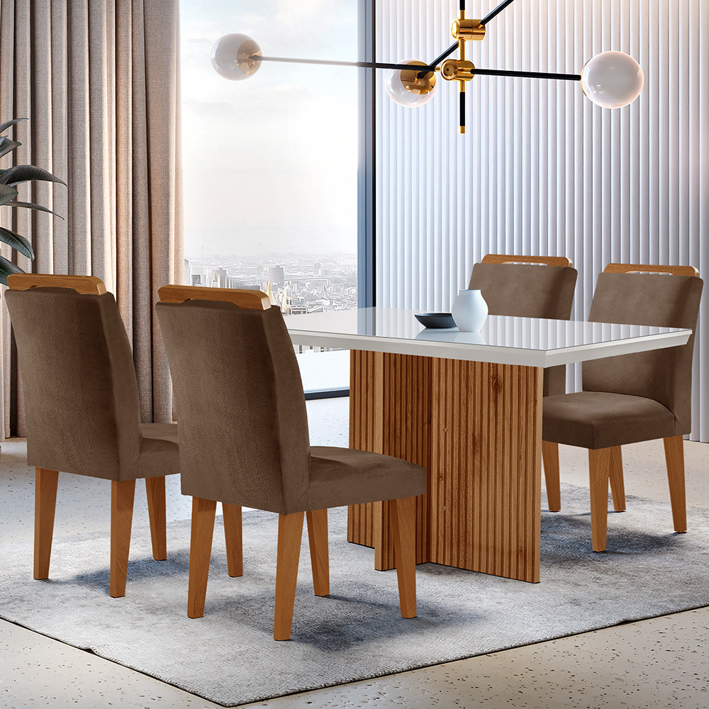 Sala de Jantar Mesa Olimpia 120CM MDF Vidro Canto Reto com 4 Cadeiras Athenas Moderna - Home & Living