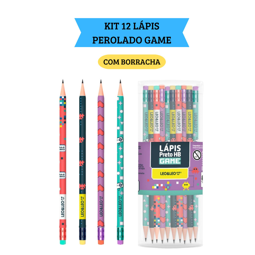 Kit 12 Lápis de Escrever HB Game com Borracha  Escolar  Leo&Leo