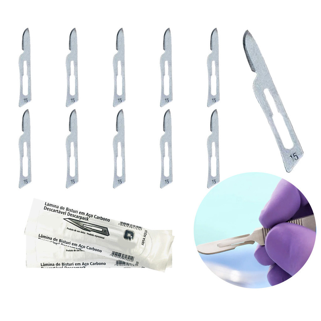Kit 10 laminas de bisturi n° 15 aço carbono podologia