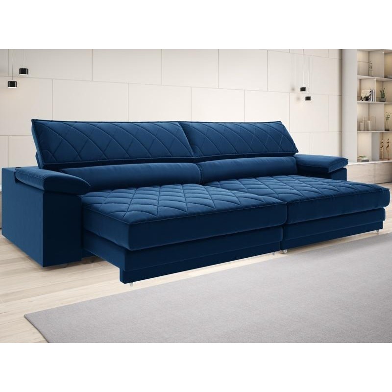 Imagem Sofá de Duplo Molejo com Carregador USB, Retrátil e Reclinável Viena 2,90m Veludocristal Azul Marinho- NETSOFAS