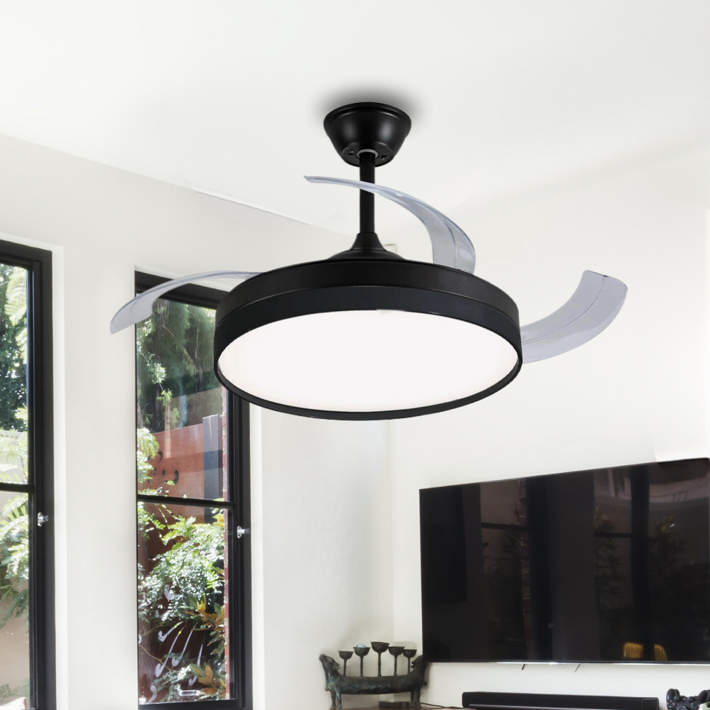 Ventilador De Teto Retrátil Air Basic Pás Preto Fosco Led 30w Bivolt Opus Controle Remoto Moderno