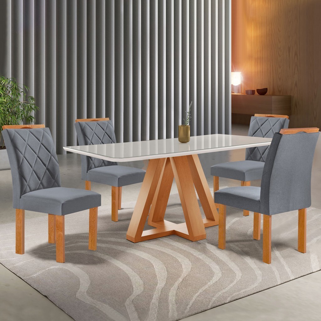 Mesa de Jantar 4 Lugares Kyra/Arthus com Vidro Cinamomo/Off White/Suede Cinza - Cel Móveis em Oferta na Shopee