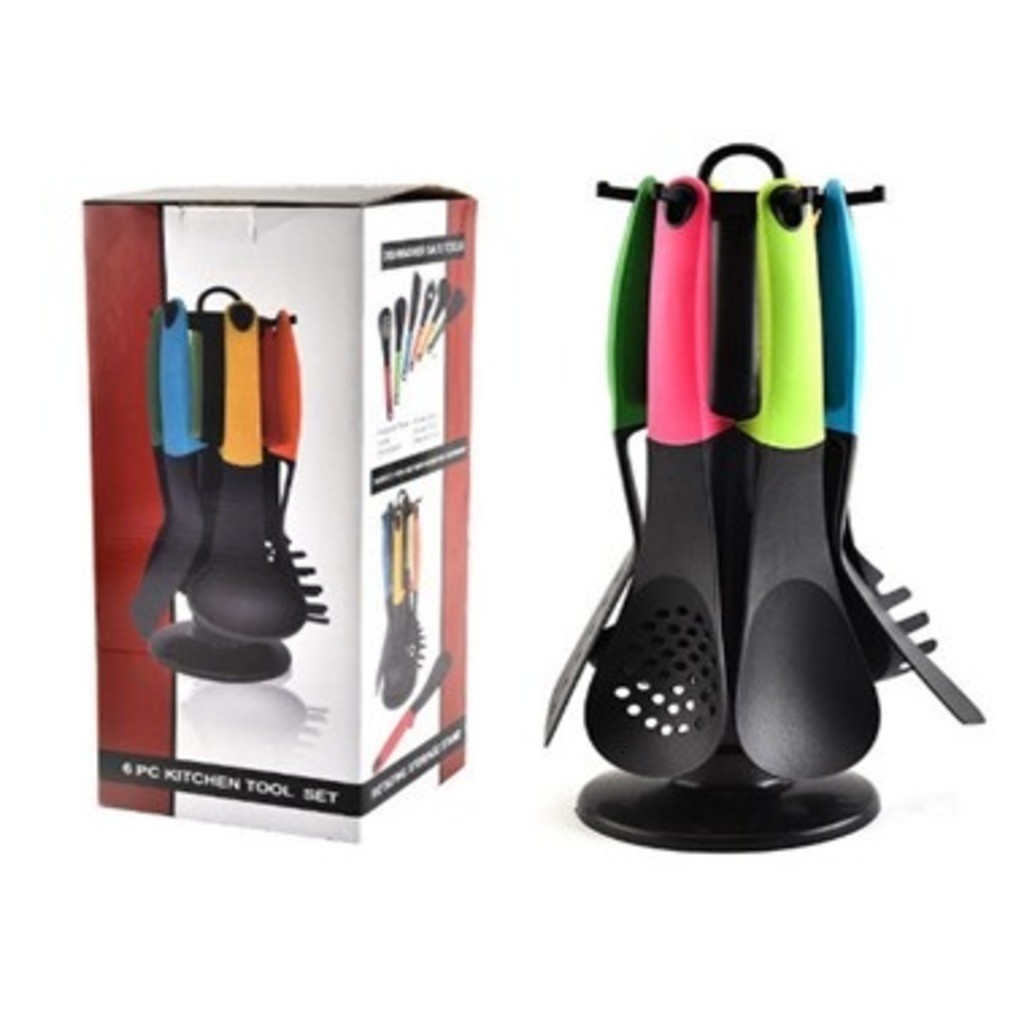 Kit 7 Utensílios Silicone e Plástico Colorido Suporte Giratório Completo Para sua Cozinha