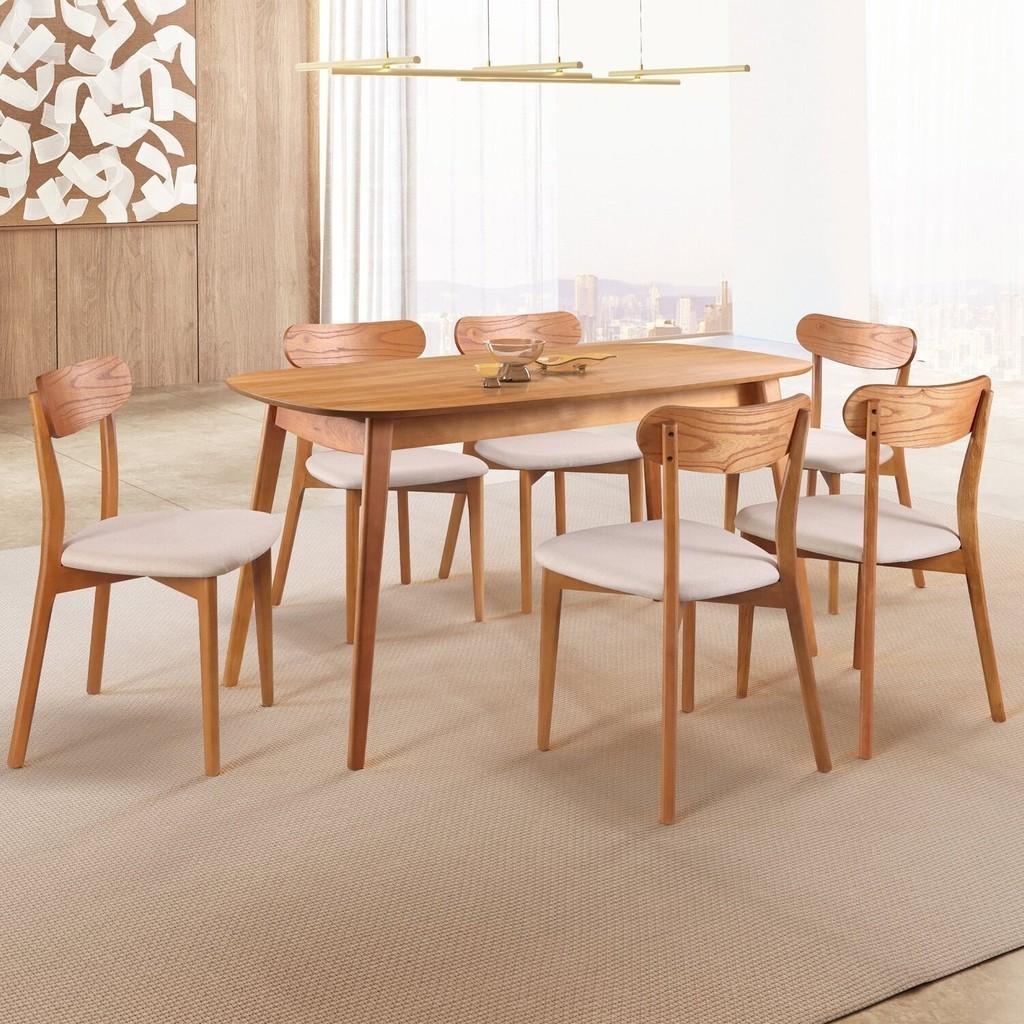 Conjunto Sala de Jantar Mesa 160x80cm Tampo em Mdf Laminado 6 Cadeiras Ceci Yescasa Natural/Off White em Oferta na Shopee