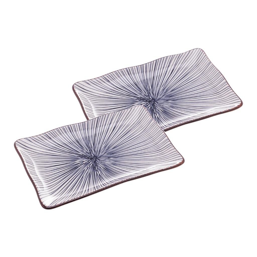 Jogo 2 Pratos Retangular De Porcelana Azul & Branco Molho Shoyu Japa Temaki Sashimi