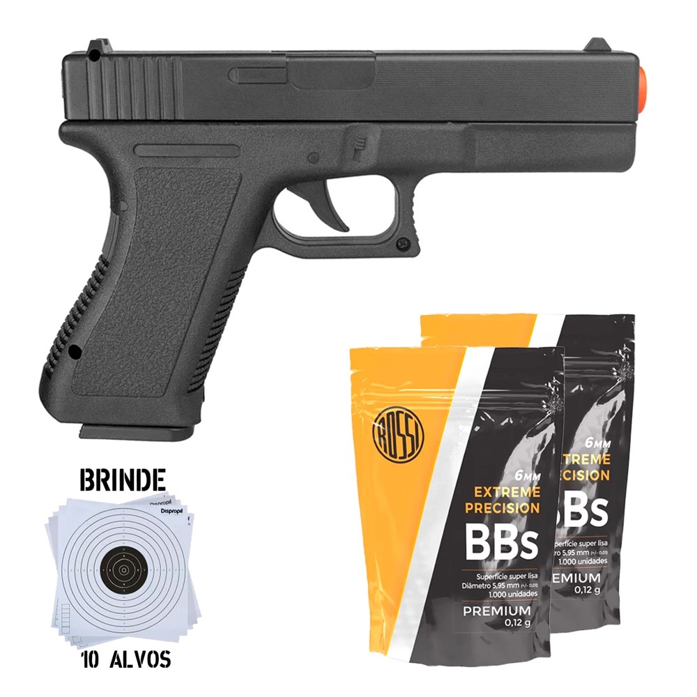 Pistola Airsoft Spring Glock GK-V307 – Vigor +  2 BB's Plásticas Airsoft 0.12g 1000un - Rossi + Alvo em Oferta na Shopee