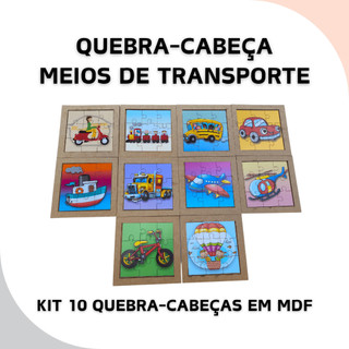 Quebra Cabeça Infantil Brinquedo Educativo Jogo Kit 10 Meio Transporte Pedagógico Educacional MDF
