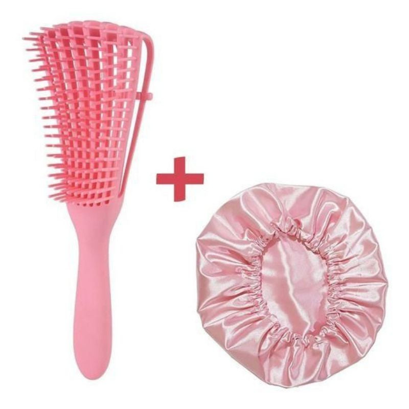 Kit Escova Pente Polvo Desembaraça + Touca De Cetim Antifrizz Cabelos Cacheados Liso Ondulados Crespos Ideal Para Dormir