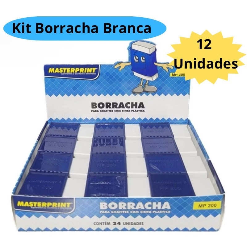 Kit 12 Borracha Branca Com Capa Azul 12 Unidades Escolar Escritório Masterprint em Oferta na Shopee