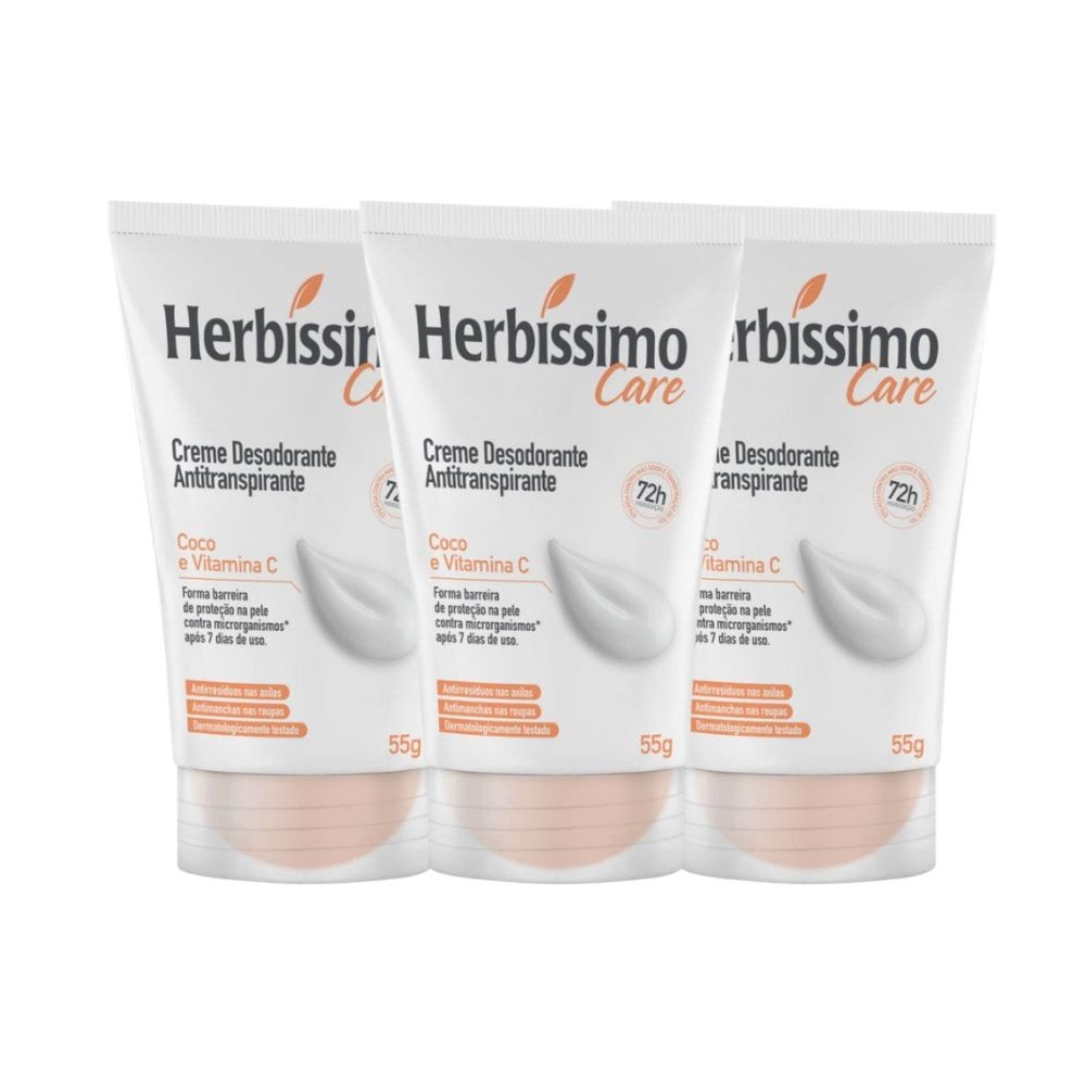 Kit Desodorante Cremoso Herbíssimo Care Coco E Vitamina C 55g (3 unidades) em Oferta na Shopee