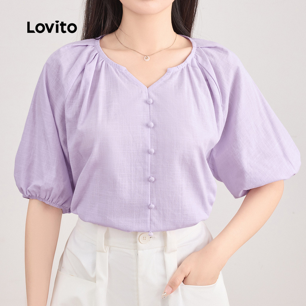 Lovito Blusa Jacquard Plissada Simples Elegante para Mulheres L121AD1337 - Women Clothes