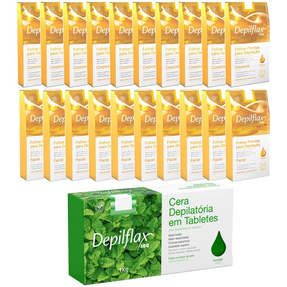 Kit Depilação Cera Quente 1kg Hortelã 10 Folhas Faciais + 10 Folhas Corporais Natural Depilflax
