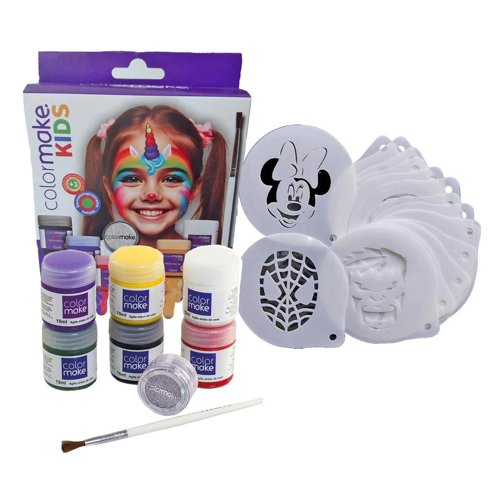 6 Tintas Pincel Glitter + 16 Stencil Pintura Facial Corpo