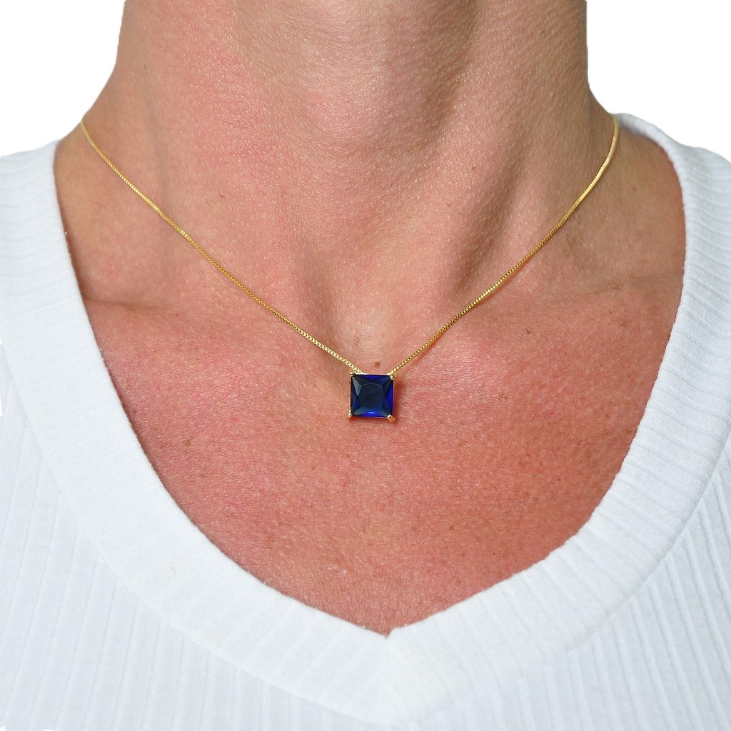 Colar Cordão Gargantilha Feminina Dourada Semi Joia Pingente Quadrado 10mm Azul Banhado a Ouro 18k