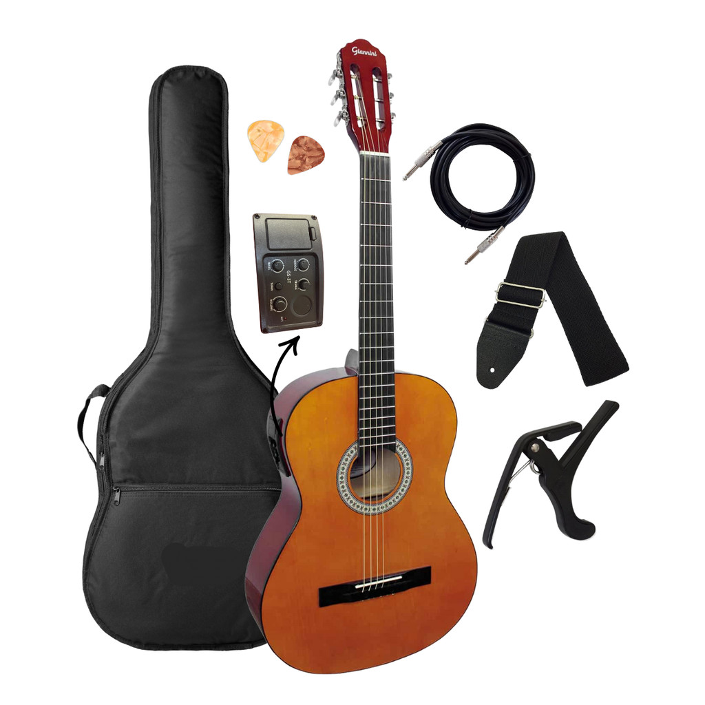 Violão Giannini Elétrico Aço S-14 EQ N Destro Adulto Verniz Brilhante Clássico + Acessórios