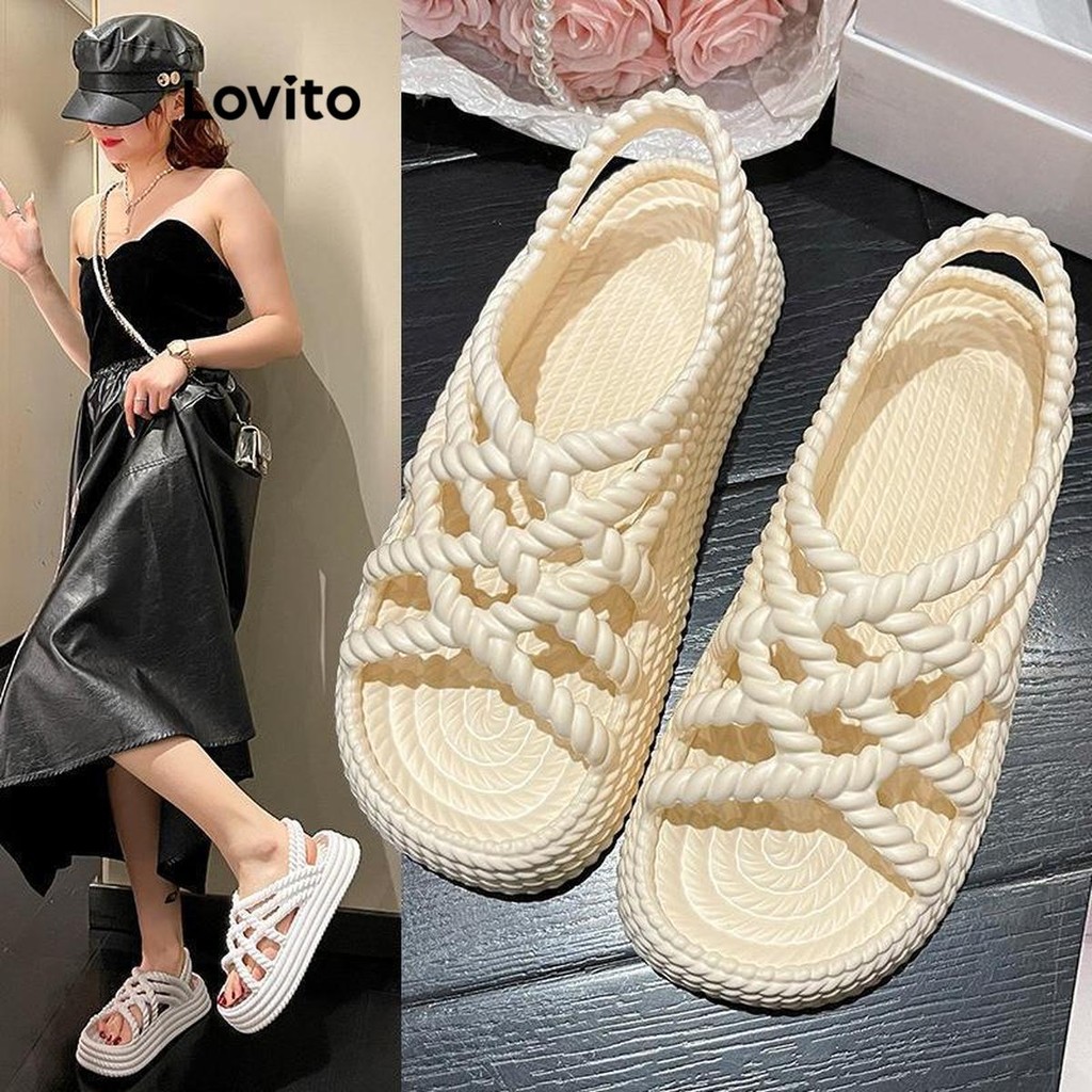 Lovito Casual Plain Imitação Tecelagem Praia Litoral Uso Diário Sandália Plana para Mulheres LFA59306 - Women Shoes