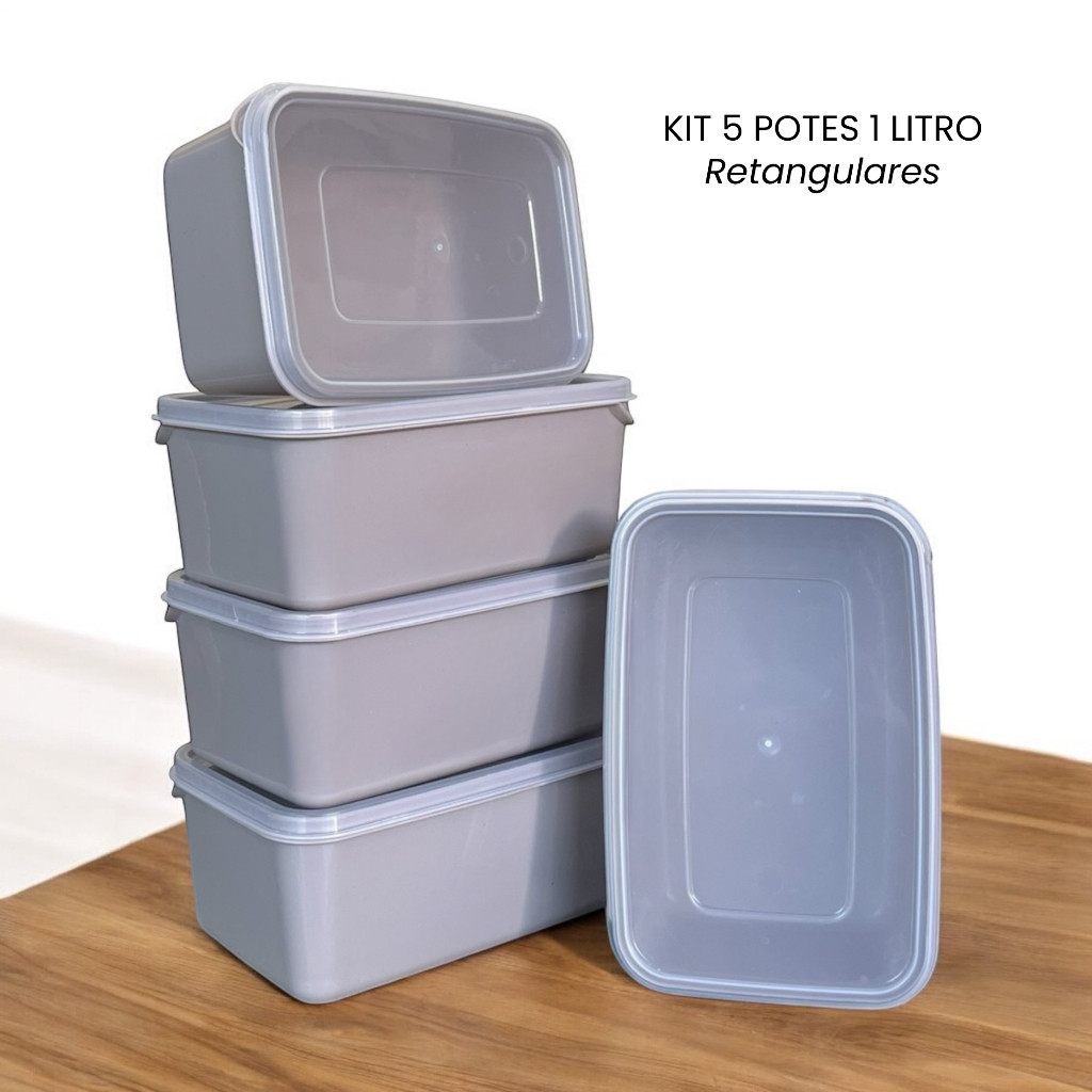 Conjunto de 5 Potes Retangulares 1L - Recipientes Herméticos para Organizar sua Cozinha Bege Areia