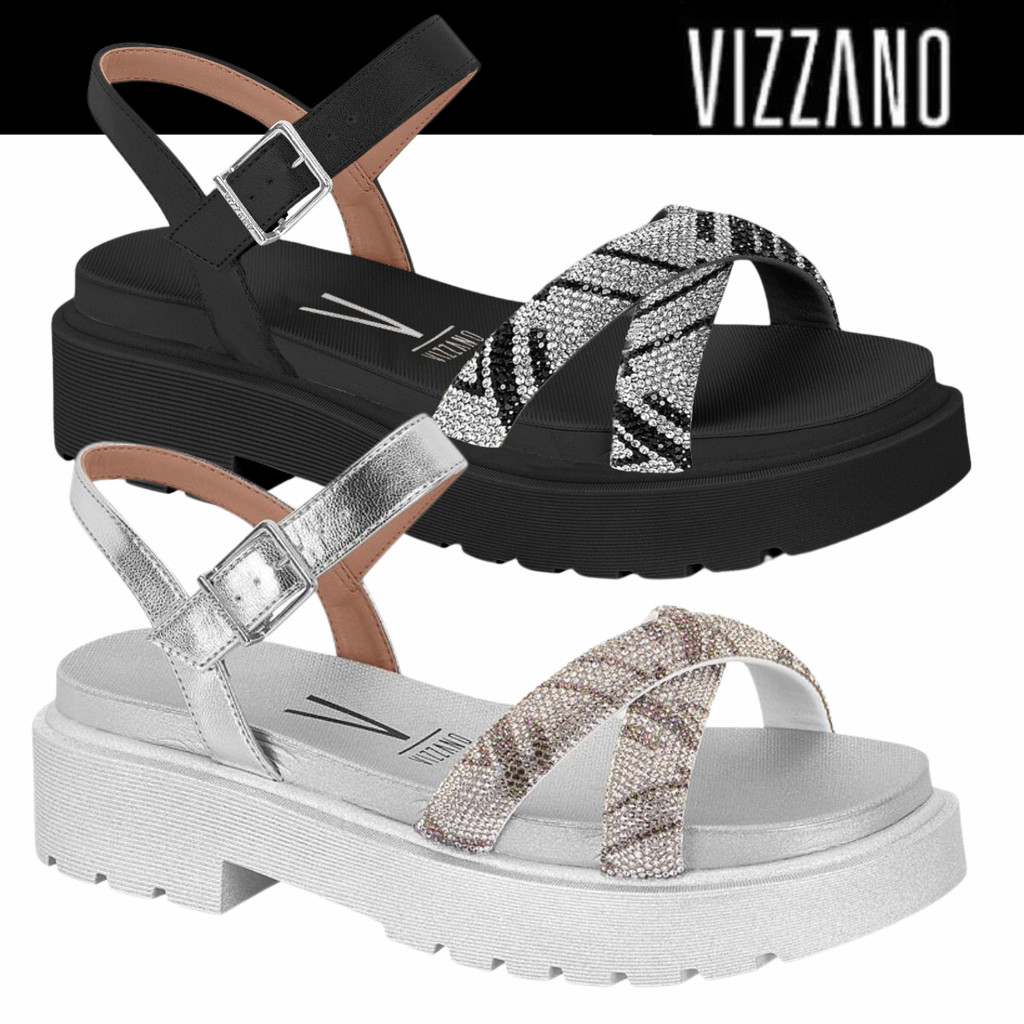 Sandália Papete Feminina Vizzano Tratorada Tiras em X Strass Brilho Conforto
