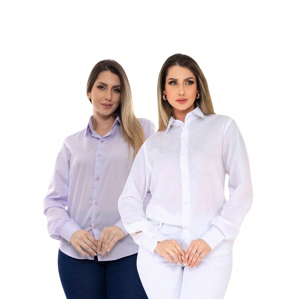 KIT Feminino 2 Peças - Camisa Social Manga Longa Slim Lisa Lilás e Camisa Social Manga Longa Slim Lisa Branco