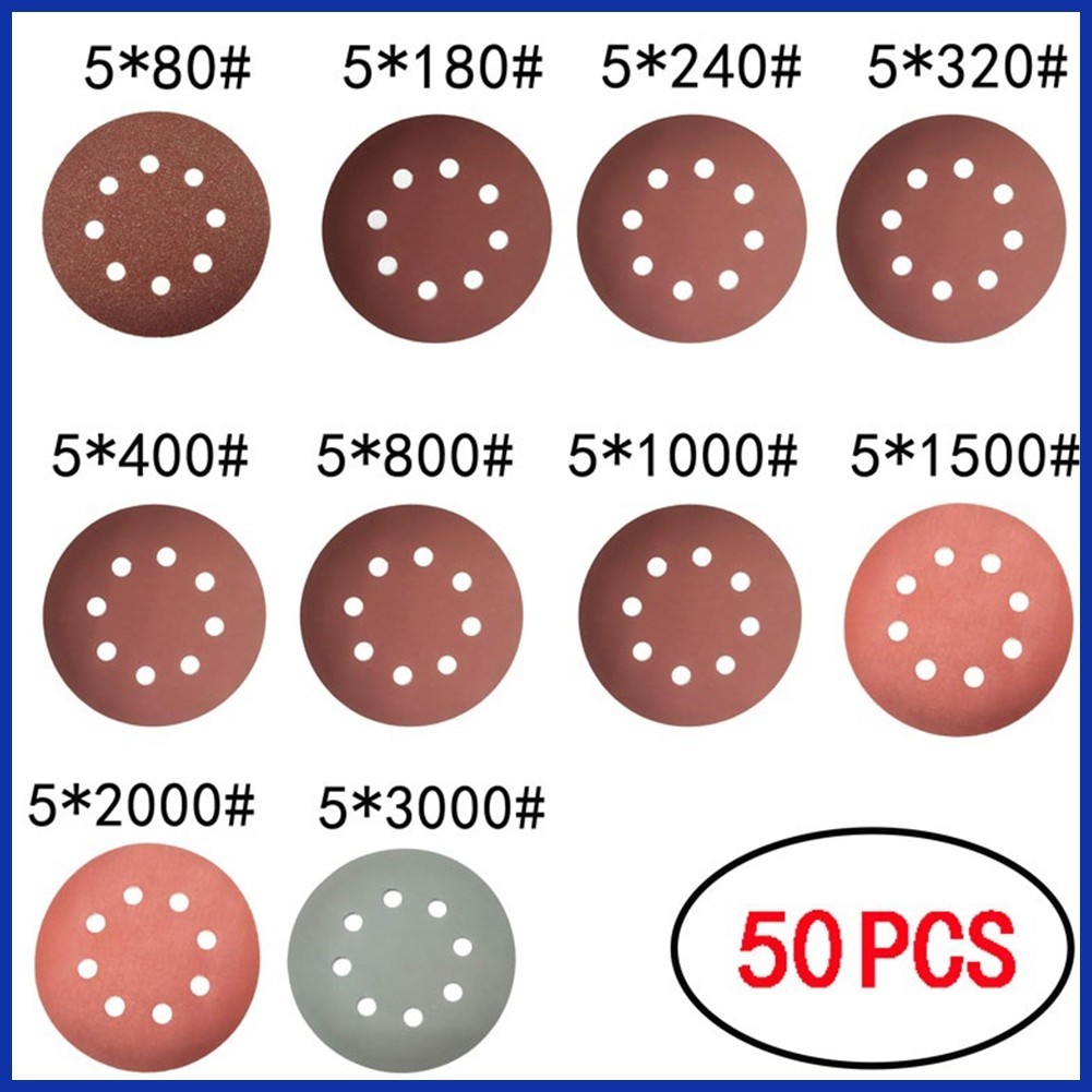 [Ferramentas Úteis] 50 Peças Discos De Lixa De 125 Mm 8 Furos Grão Misto 80-3000 Gancho E Laço