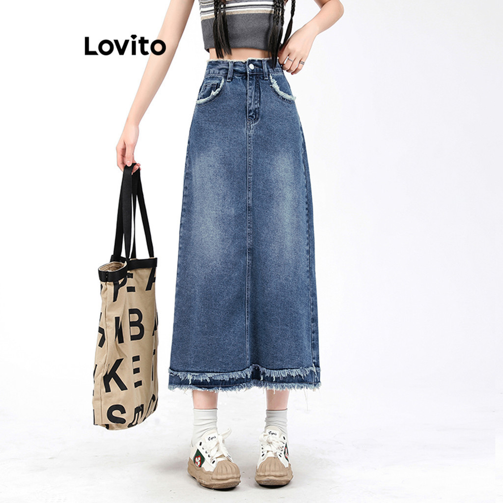 Lovito Casual Saia Jeans Feminina Lisa com Bainha Desfiada LNE29408 (Azul) - Women Clothes