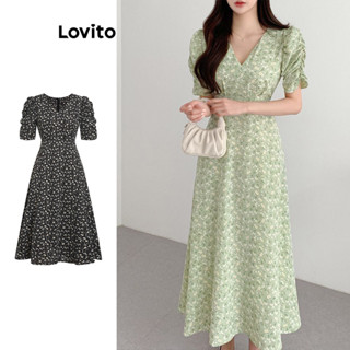 Lovito Casual Vestido Feminino Floral Plissado com manga Bufante L74ED306
