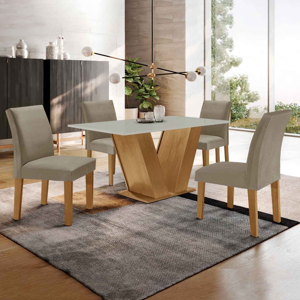 Conjunto Sala de Jantar Mesa 120x80cm Tampo MDF com 4 Cadeiras Espanha Yescasa Ype/Off White/Veludo Areia - Home & Living