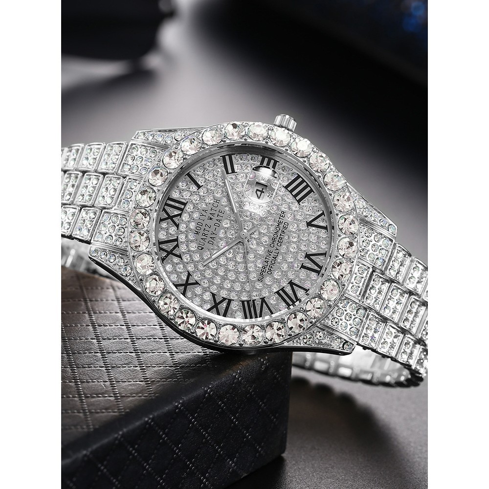 Novo Banquete de Moda High-End Fashion Banquet Full Diamond Face Roman Scale Steel Band Relógio Calendário Masculino de Quartzo Relógio Gypsophila Men's All-Match