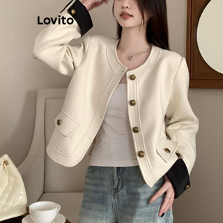 Lovito Jaqueta com Botão Frontal e Colorblock de Metal Simples Casual para Mulheres LNE36149 (Off White)