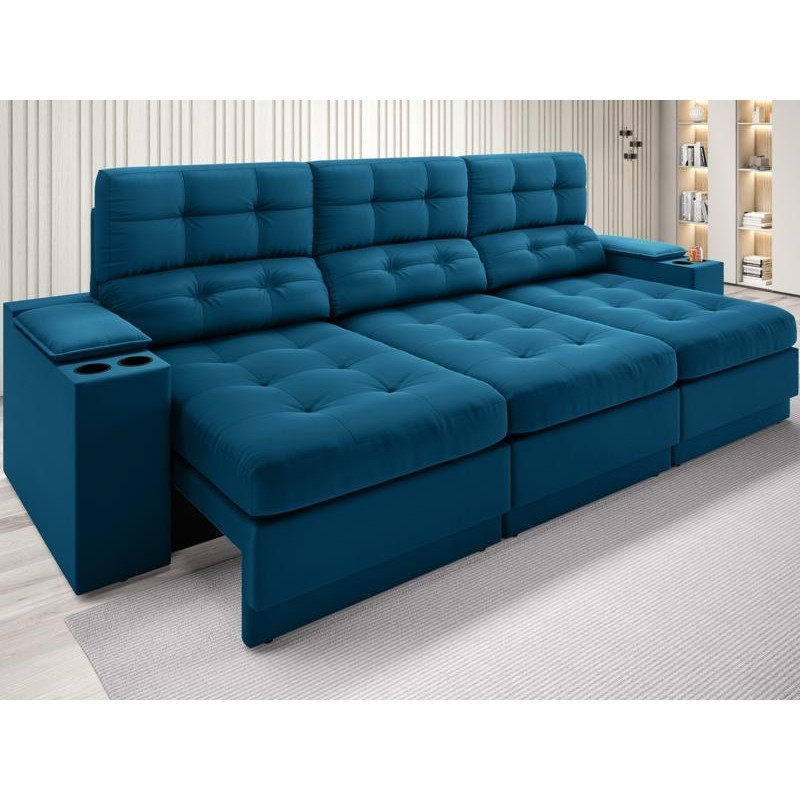 Sofá com Porta Copos e Carregador USB Eureka 2,30m  Assento Retrátil e Reclinável Velosuede Royal - NETSOFAS em Oferta na Shopee