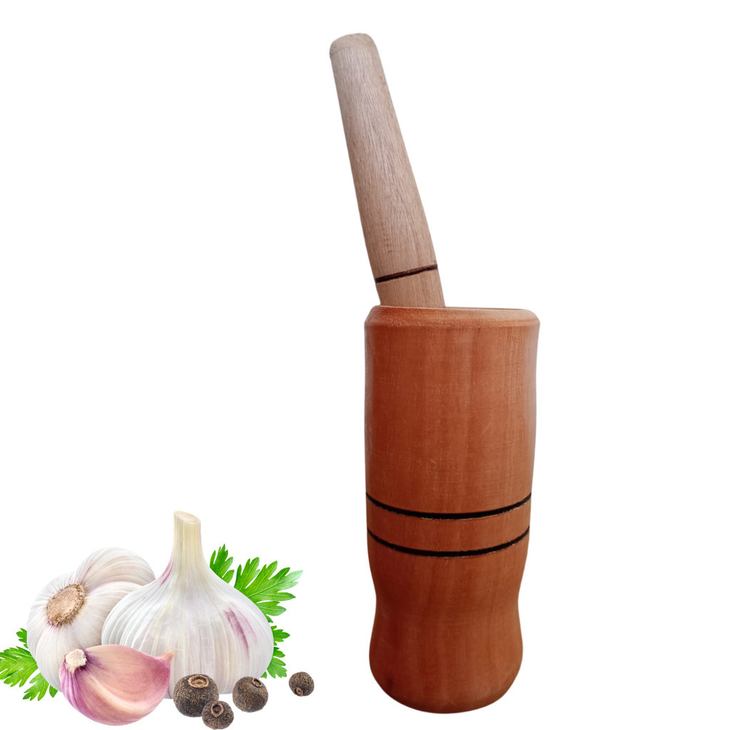 Pilão De Madeira grande 15cm Com Socador Amassador para Alho e Temperos