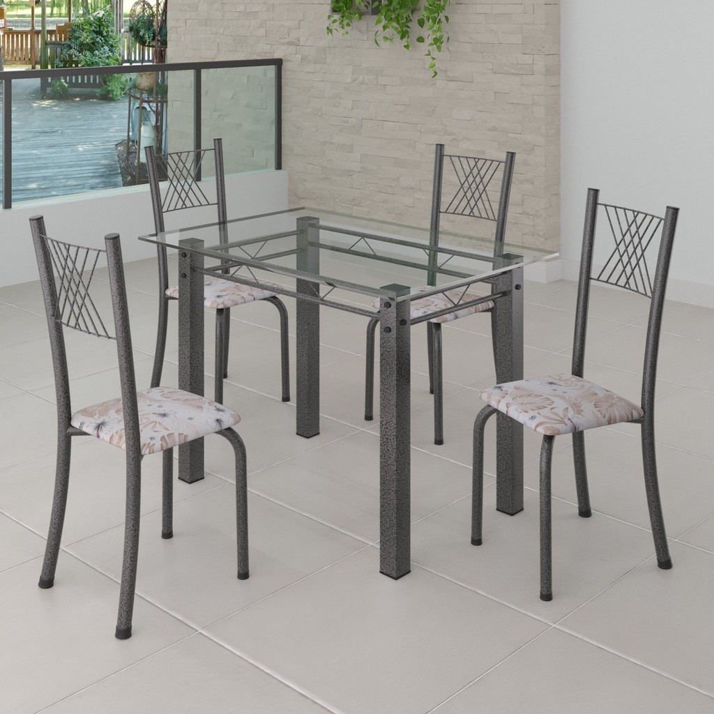 Conjunto de Jantar Mesa 100x60cm Tampo de Vidro Incolor com 4 Cadeiras Sara Yescasa Botanic Bege/Prata em Oferta na Shopee