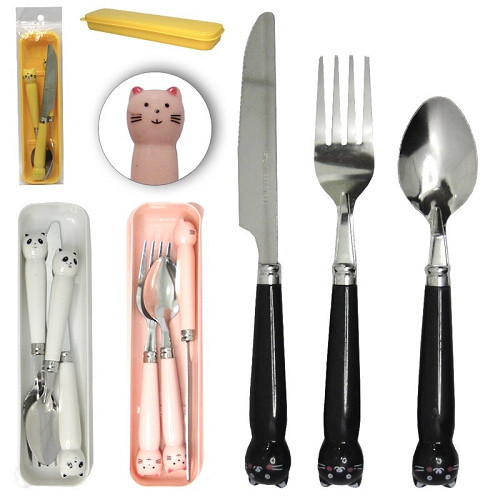 Kit Talher 3 Peças Gatinho Com Estojo Viagem Trabalho