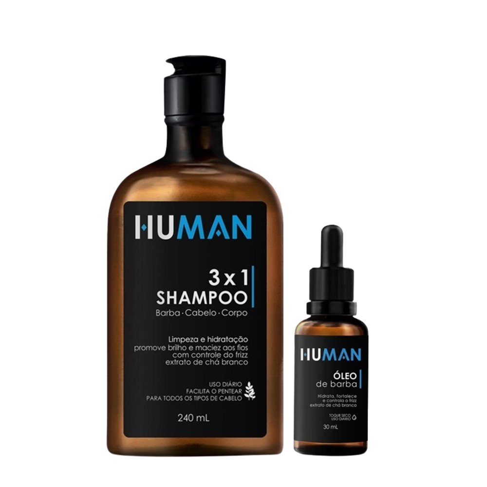 Kit Shampoo 3×1 Barba Cabelo Corpo 240ml e Óleo para Barba Human 30ml