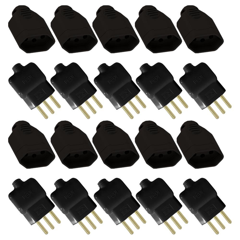 Kit 10 Pares Ilumi com 10 Plugues Pino Macho 2P+T 10A/250V Preto + 10 Plugues Pino Fêmea 2P+T 10A/250V Preto em Oferta na Shopee