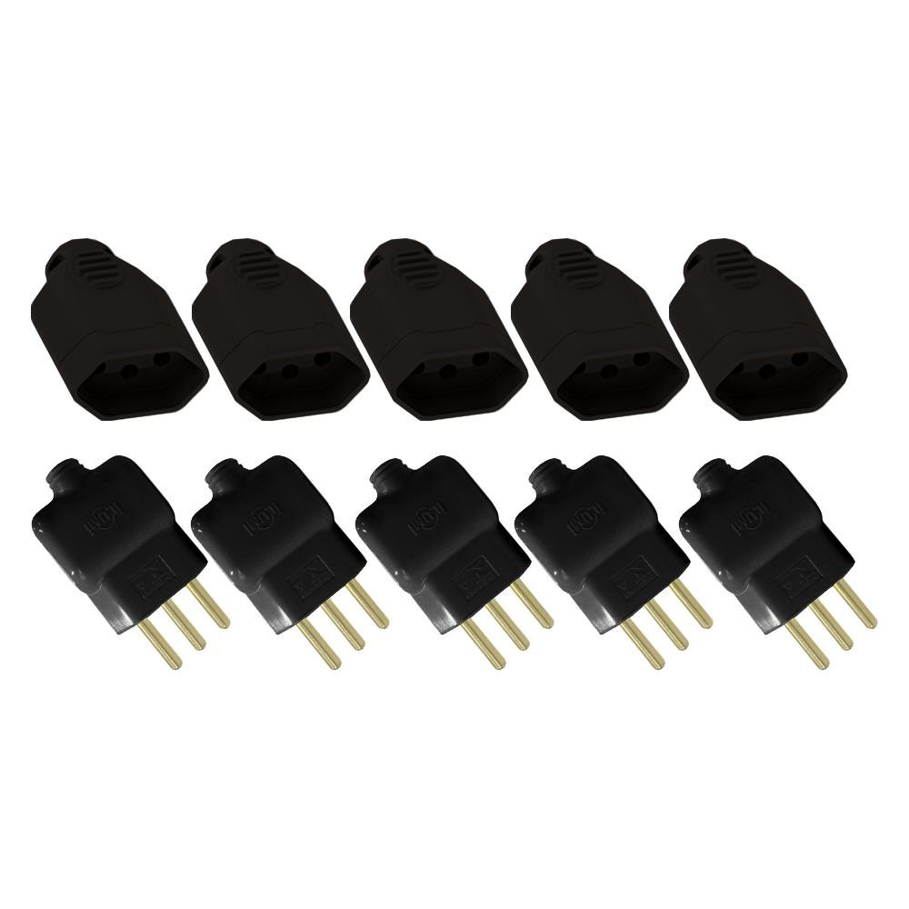 Kit 5 Pares Ilumi Com 5 Plugues Pino Macho 2P+T 10A/250V Preto + 5 Plugues Pino Fêmea 2P+T 10A/250V Preto
