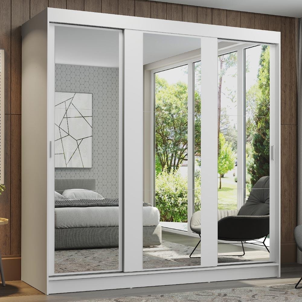 Guarda-Roupa Casal Madesa Reno 3 Portas de Correr de Espelho - Branco em Oferta na Shopee