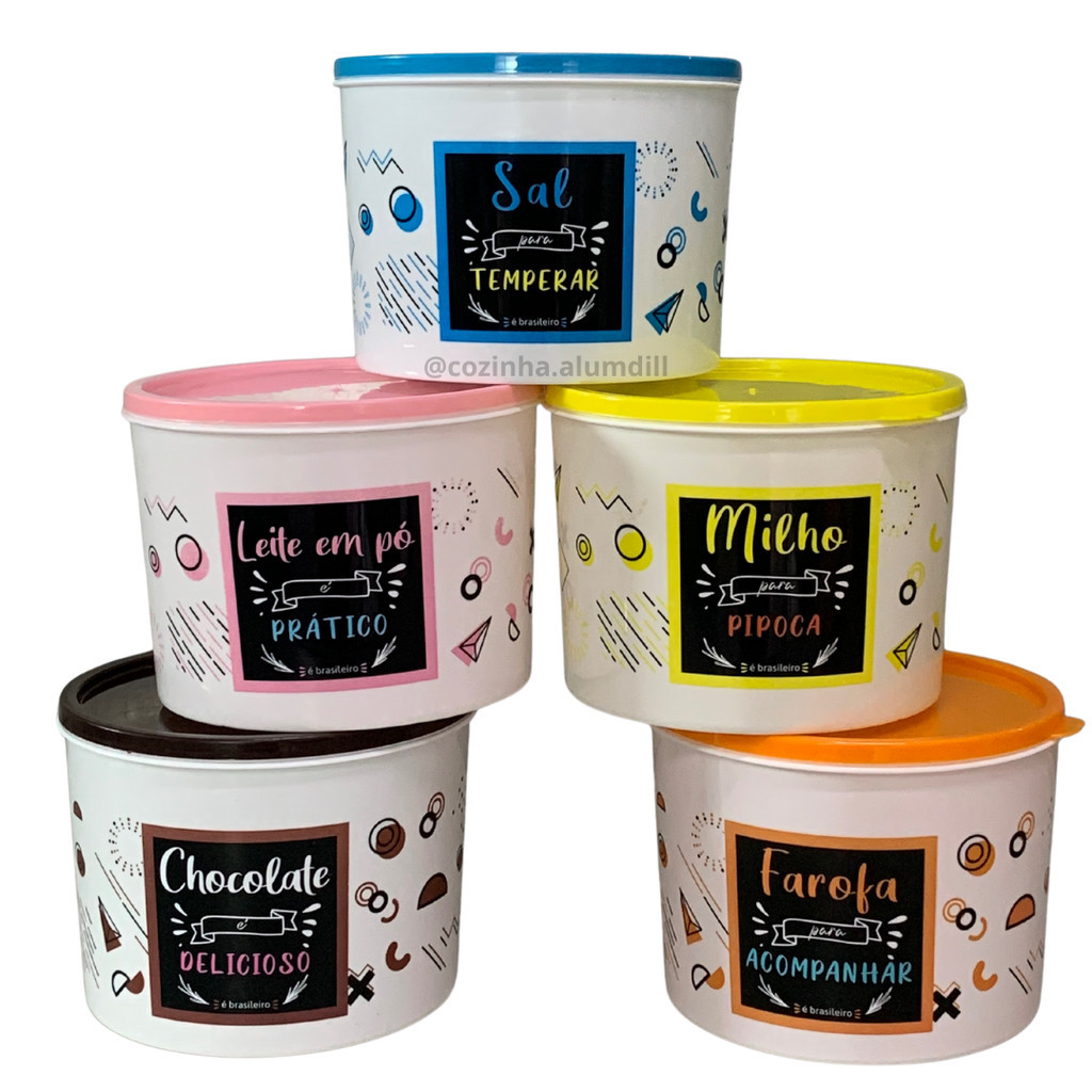 Jogo Kit Conjunto Potes Porta para Mantimentos 5 peças 1 litro Plástico Redondo Personalizado