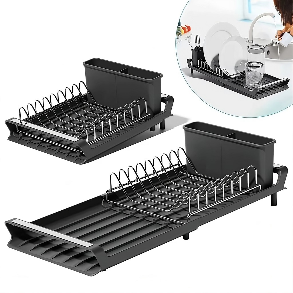 Escorredor De Pratos Talheres Com Bandeja Exstensível Cozinha Compacto Em Inox Mimo Style