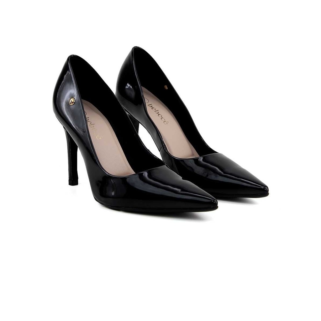 Detalhes do Scarpin Bebecê Verniz Salto Alto Fino Preto