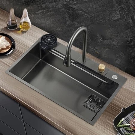 Kit Cuba Cozinha Gourmet Aço Inox C/ Torneira Flexível Preto 75x45x20 cm