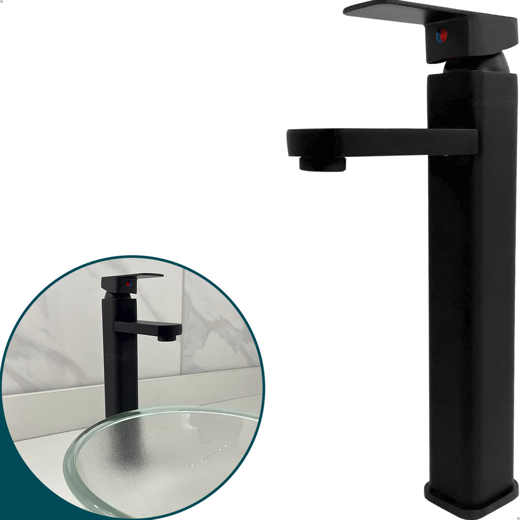 Torneira Bica Alta Preto Fosco Inox 304 Pia Banheiro Monocomando Misturador Cuba Sobrepor Lavatorio