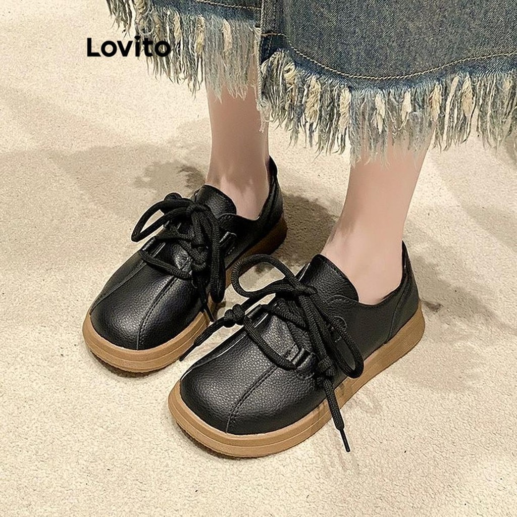 Lovito Casual Plain Lace Up Estilo Britânico Couro Macio Confortável Leve Versátil Mocassins para Mulheres LFA57223 - Women Shoes