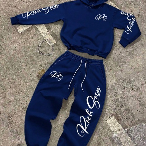 Conjunto Calça Blusa Com Capuz Moletom Masculino Inverno Estilo Streetwear Confortável Flanelado Estampado Rich Soon