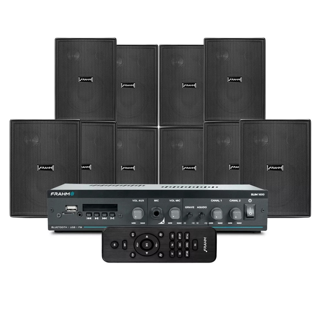 Kit Amplificador Frahm SLIM 1600 G5 60W Bluetooth 5.0 + 10 Caixas PS 200 Preta Frahm