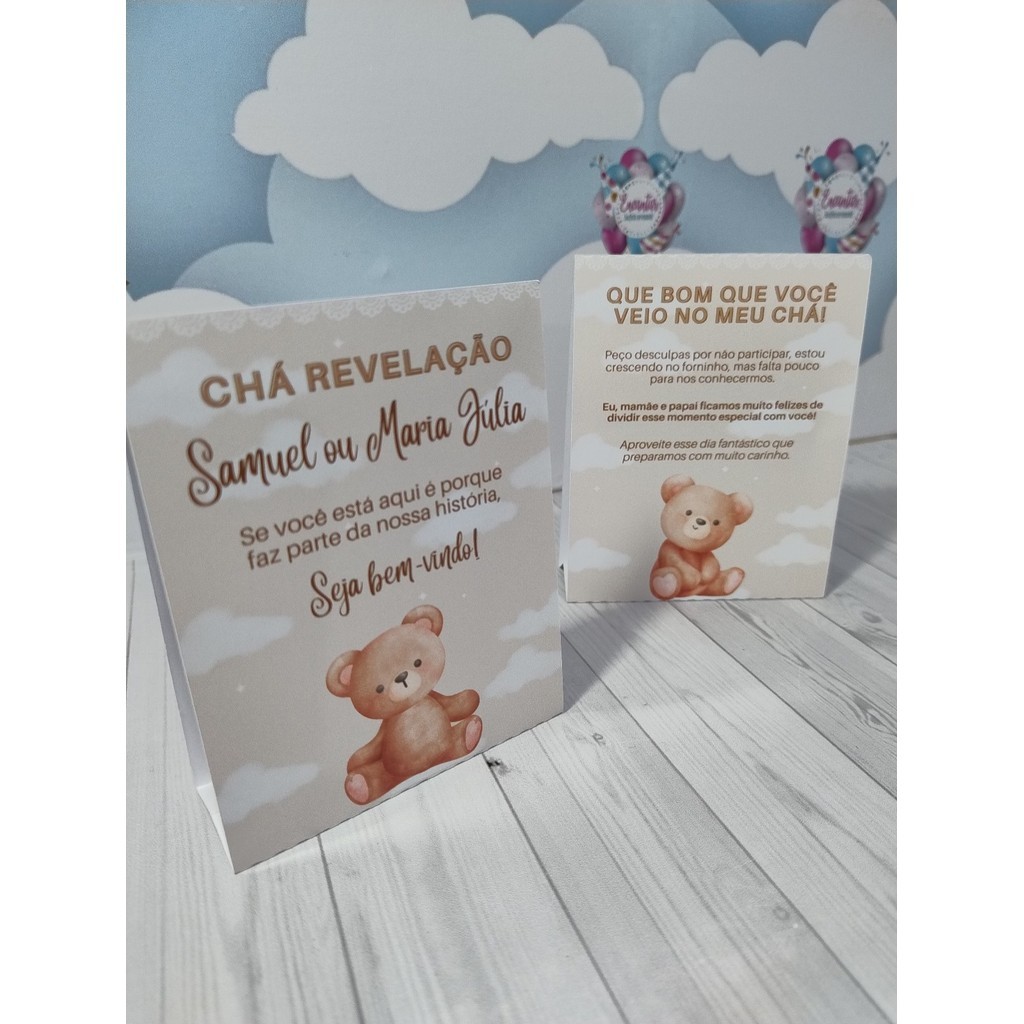 Recadinho de Mesa Personalizado | Chá Revelação Ursinho Marrom | Papelaria para festa | Lembrancinha Personalizada