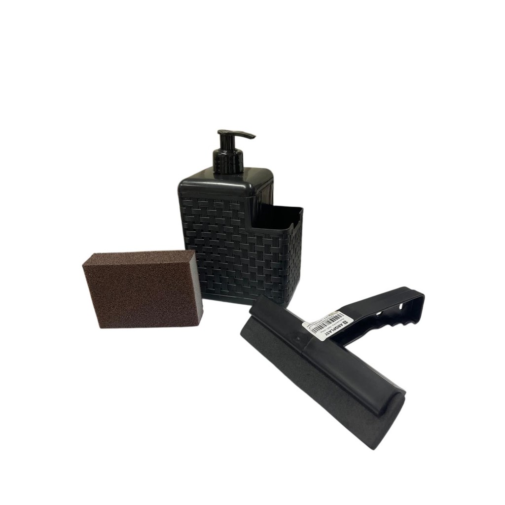 Kit Pia Porta Detergente Plástico Preto Jogo de Pia Moderno com Rodo e Esponja