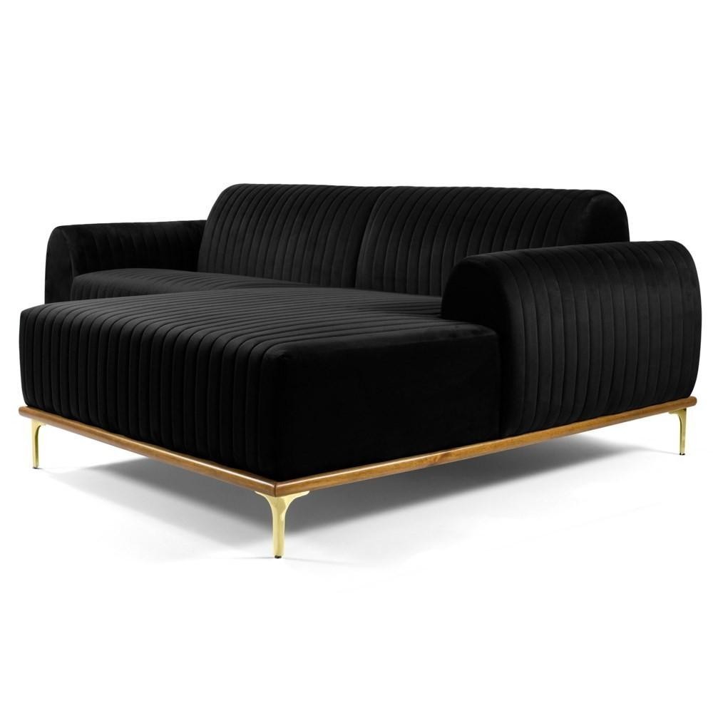 Sofá 230cm 4 Lugares com Chaise Direito Pés Gold Molino C-300 Veludo Preto - Domi