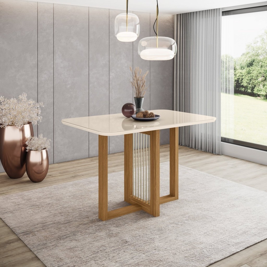 Mesa de Jantar 4 Lugares 120cm Tampo MDF com Vidro Canto Arredondado Natalí